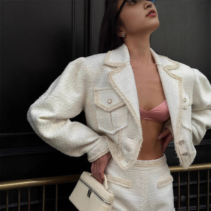Damen Tweed Mini-Jacke mit doppeltem Kragen und dekorativen Taschen Drune