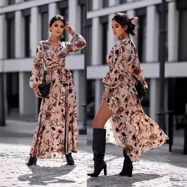 Damen Maxikleid im Leopardenmuster mit Wickeldesign und voluminösen Ärmeln Drune