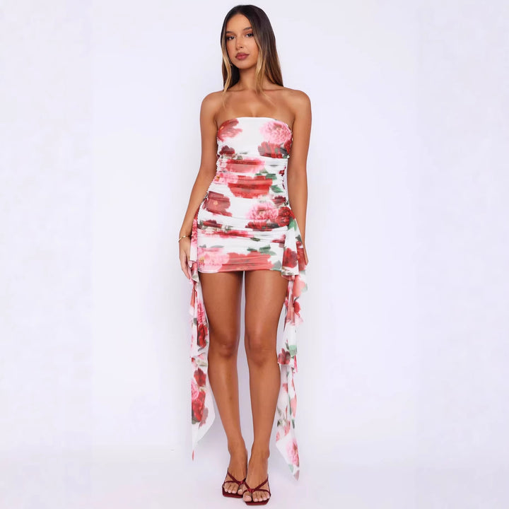 Damen kurzes Cocktailkleid mit asymmetrischem Saum und floralem Druck Drune