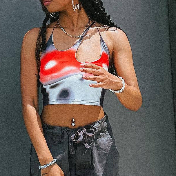 Damen Crop-Top mit asymmetrischem Trägerdesign und lebhaftem Grafikdruck Drune