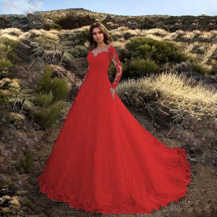 Damen Elegantes Spitzen-Abendkleid mit tiefem V-Ausschnitt und langen Ärmeln Drune