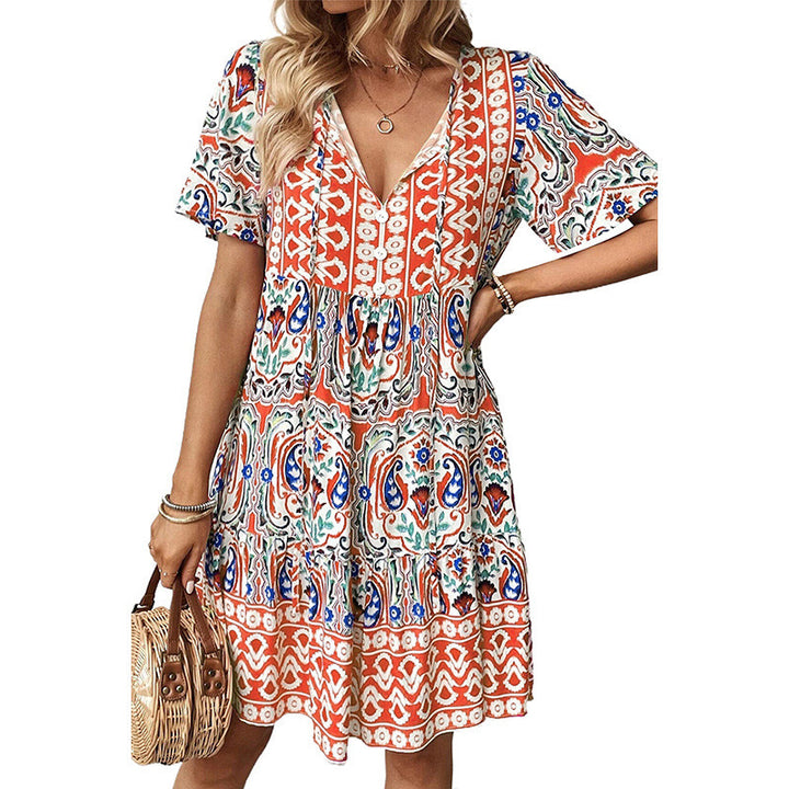 Damen Lockeres Stufen‑Midikleid mit V‑Ausschnitt, Quastenbindeband und Boho‑Print Drune