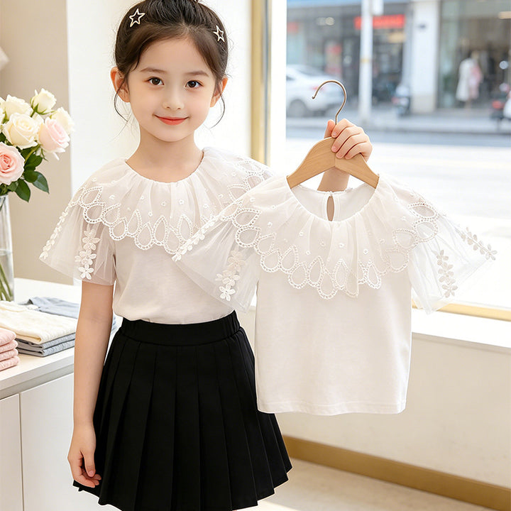 Mädchen T-Shirt mit elegantem Tüllkragen und floralem Detail Drune