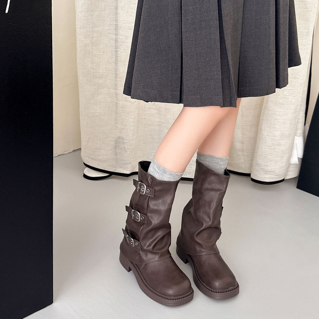 Damen Modische Stiefel mit Schnallen und hohem Schaft Drune