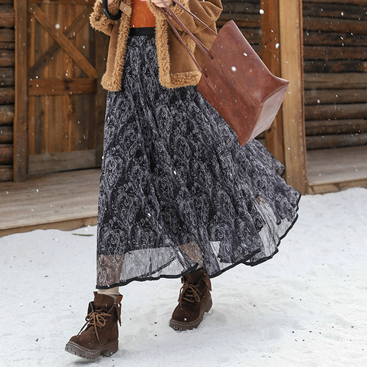 Damen nan voluminöser Chiffon-Tellerrock im Paisley-Motiv mit elastischem Taillenbund Drune