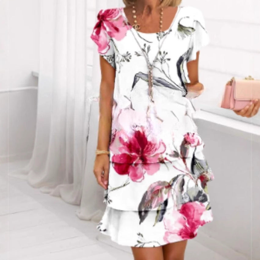 Damen Fließendes Maxi-Kleid mit eleganten Volant-Details und kreativem Grafikmuster Drune