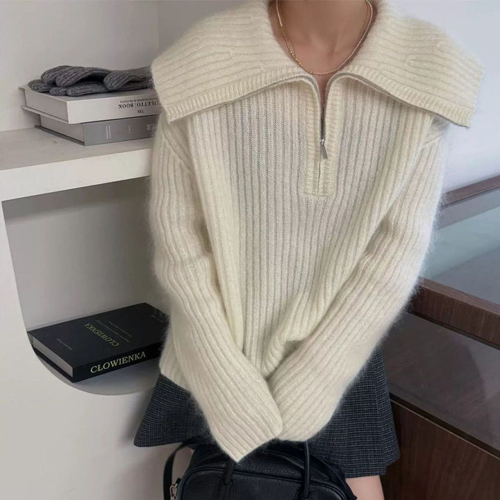 Damen Strickpullover mit großem Kragen und Reißverschluss Drune