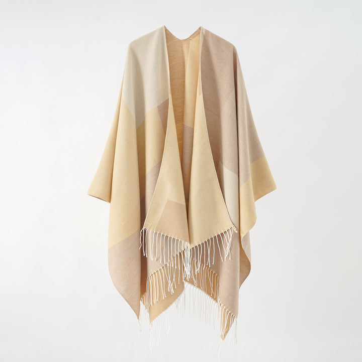 Damen Großer Wolloptik-Poncho mit geometrischem Blockmuster und Fransensaum Drune