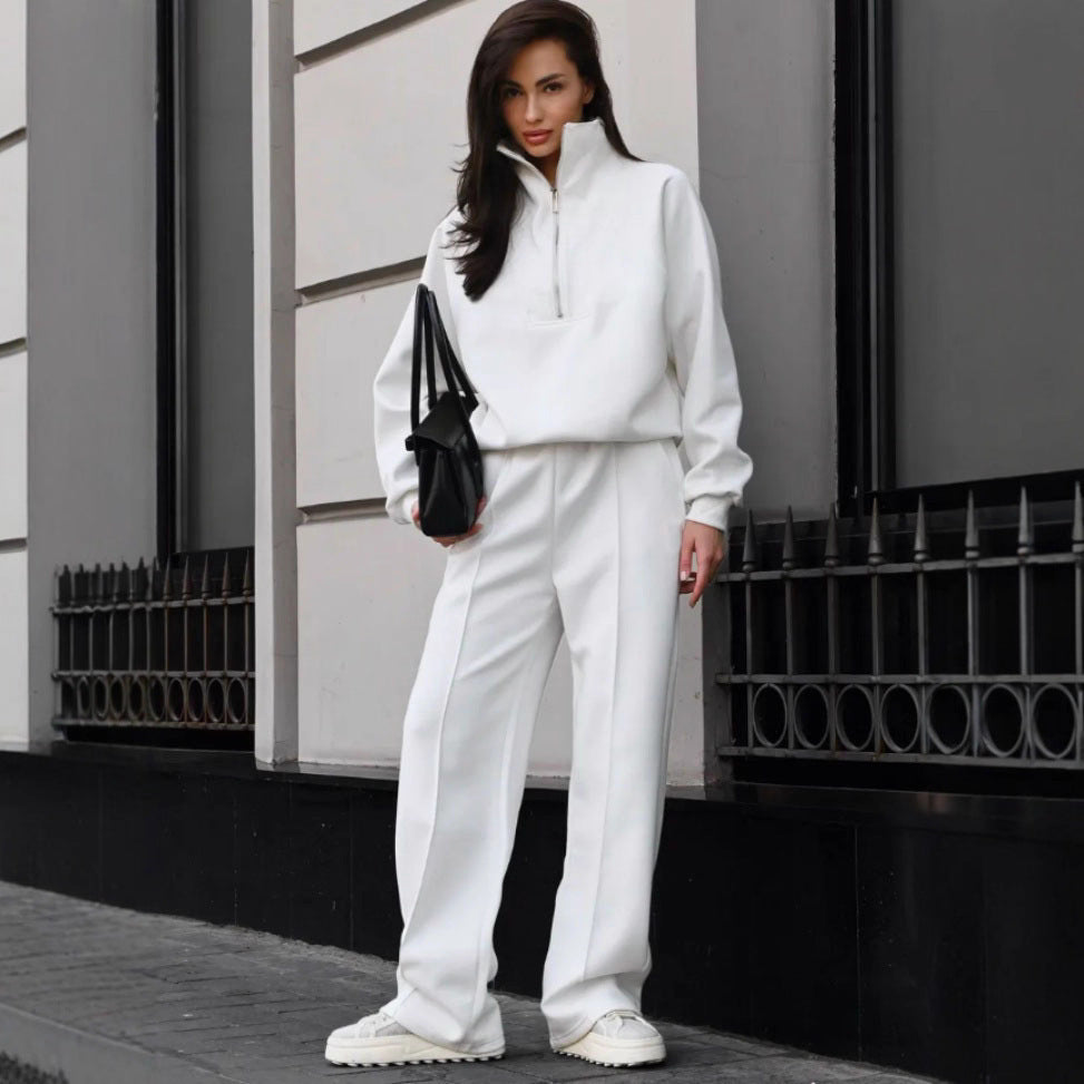 Damen Oversize-Halbreißverschluss-Sweatshirt mit weit geschnittener hochgeschnittener Palazzo-Hose Drune