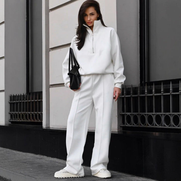 Damen Oversize-Halbreißverschluss-Sweatshirt mit weit geschnittener hochgeschnittener Palazzo-Hose Drune