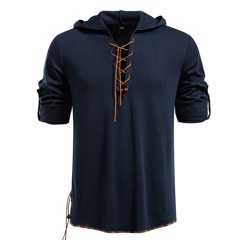 Herren Leichtes Kapuzen-Langarmshirt mit Schnürfront und aufrollbaren Dreiviertel-Ärmeln Drune