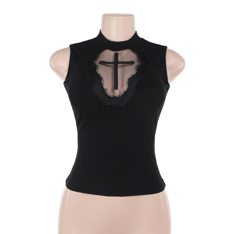 Damen elegantes Oberteil mit transparenten Einsätzen und hohem Kragen Drune