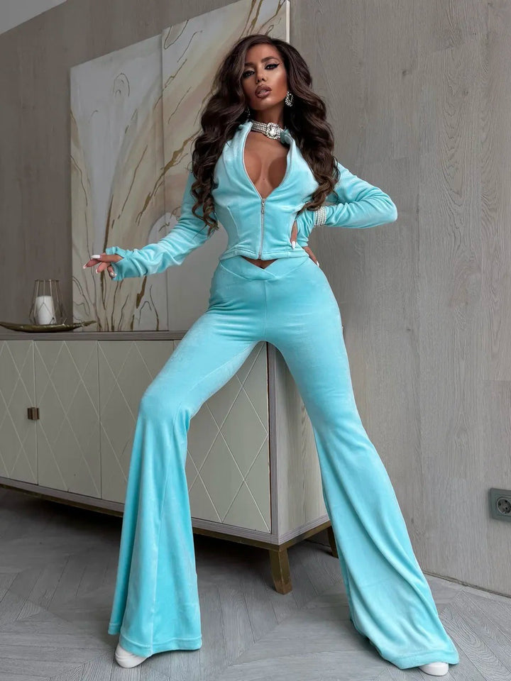 Damen Samt-Cropped-Set mit Reißverschlussjacke und V-förmiger taillenhoher Schlaghose Drune