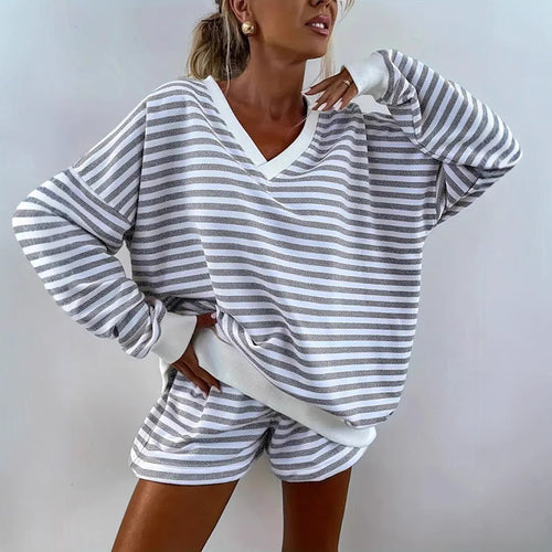 Damen Sportliches Streifenoberteil mit kurzen Shorts Drune