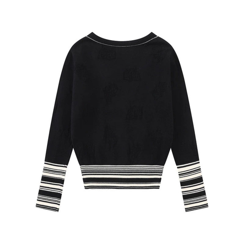 Damen Strickjacke mit V‑Ausschnitt, feinem Jacquardmuster und kontrastierenden Bündchen Drune