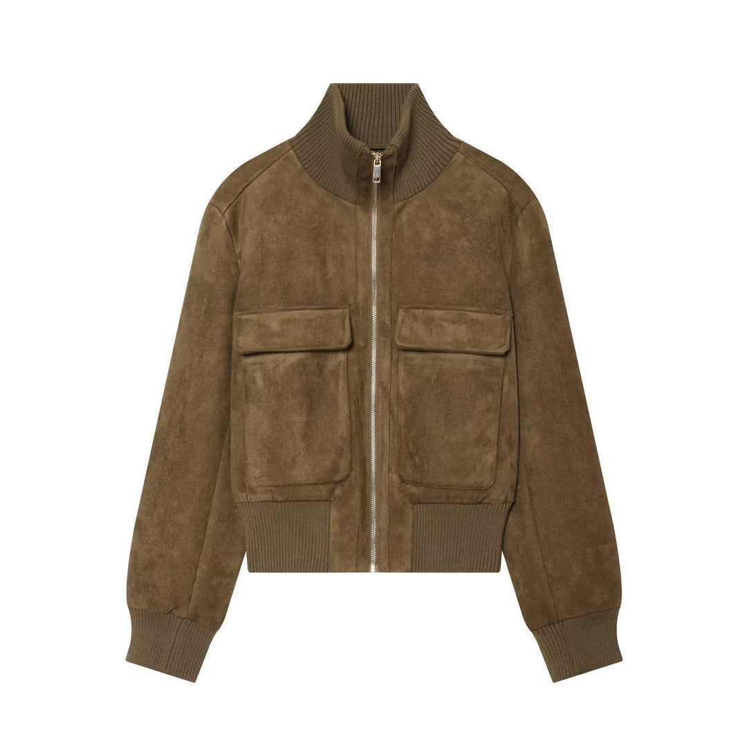 Damen Kurzblouson aus Veloursleder mit hohem Rippkragen und aufgesetzten Pattentaschen Drune
