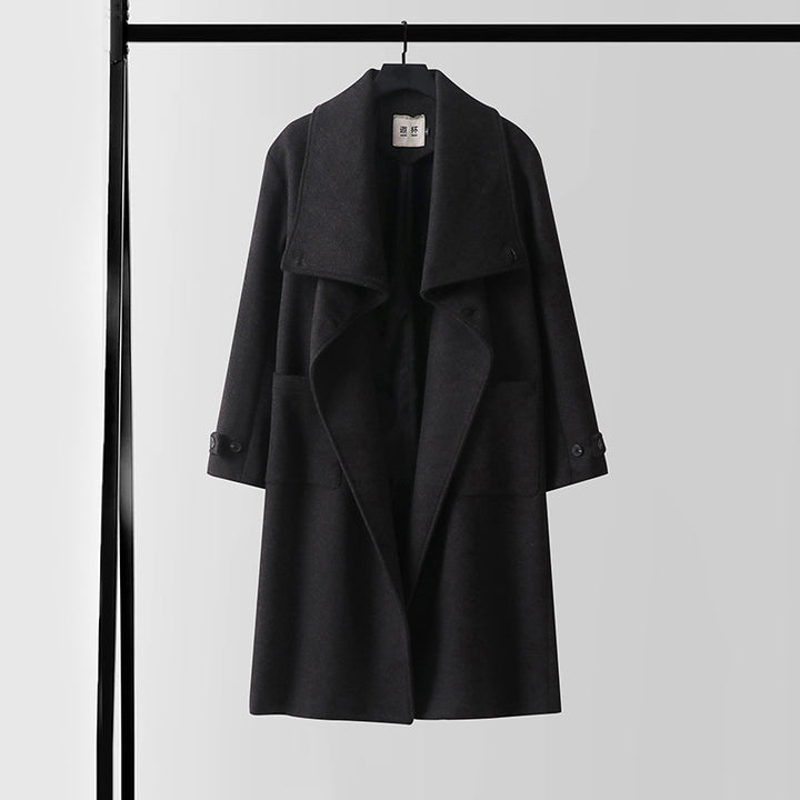 Damen Eleganter langer Wollmix-Cocoon-Mantel mit überlappendem Schalkragen und aufgesetzten Taschen Drune