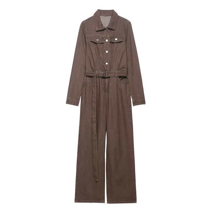 Damen Weicher Denim-Overall mit Hemdkragen, taillierendem Gürtel und weitem Bein Drune