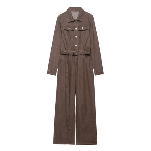 Damen Weicher Denim-Overall mit Hemdkragen, taillierendem Gürtel und weitem Bein Drune