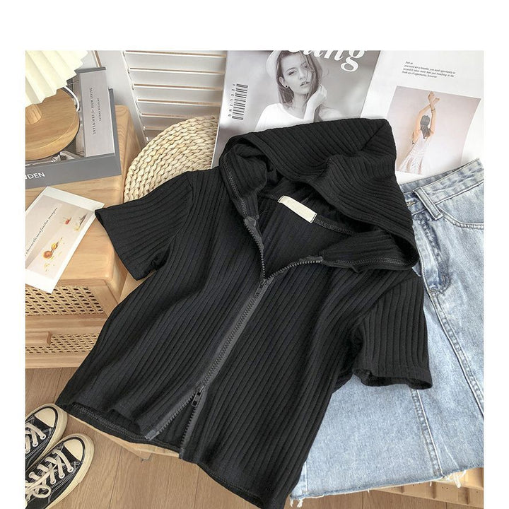 Damen Kurzarm Kapuzen Zip-Up Oberteil mit Ripptextur Drune