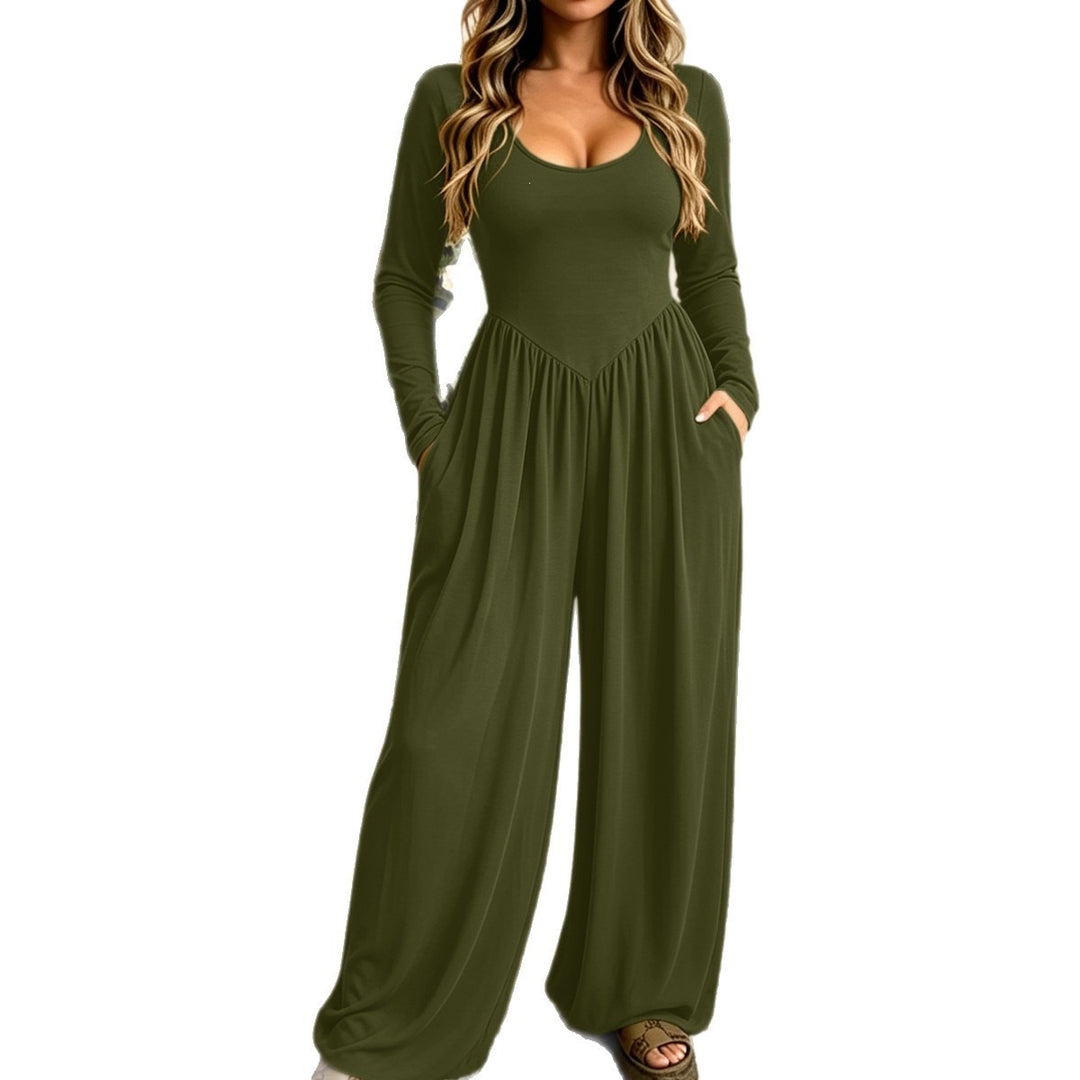 Damen Langer Jumpsuit mit weitem Bein, tiefem Rundhals und Eingrifftaschen Drune
