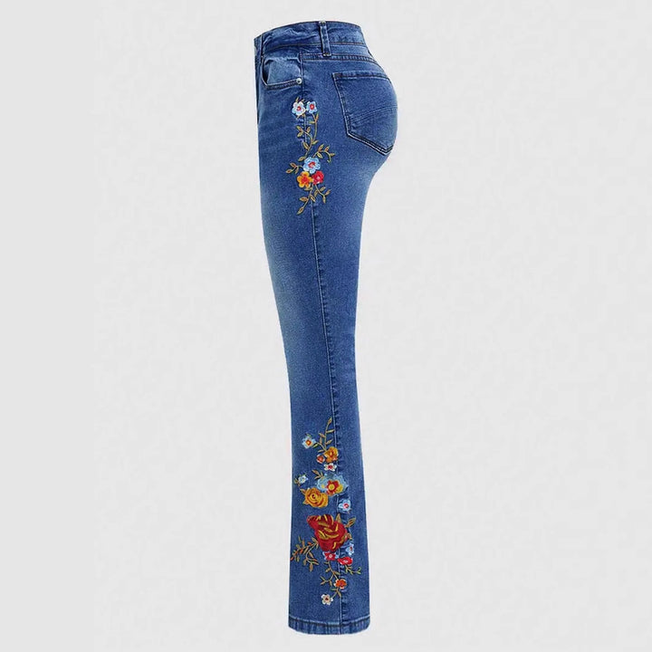 Damen Bootcut-Jeans mit seitlicher Blumenstickerei und komfortablem Stretchbund Drune