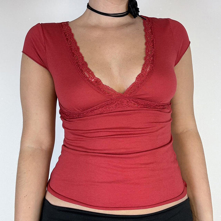 Damen Elegantes Oberteil mit Spitzen- und Drapierungselementen Drune
