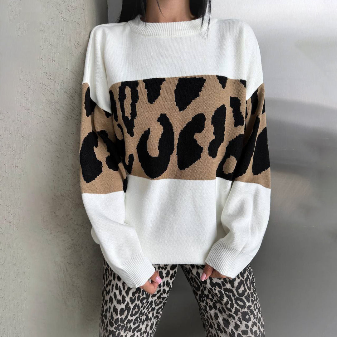 Damen Oversized Strickpullover mit Leoparden-Bahnen, überschnittener Schulter und geripptem Saum Drune