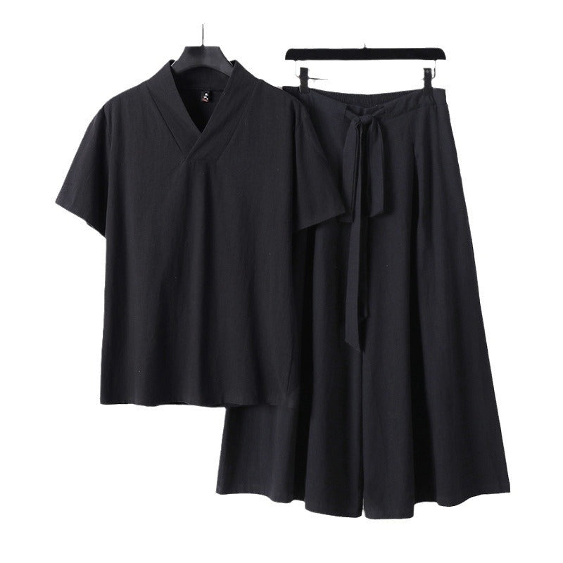 Damen Leichtes Loungewear-Set mit V-Ausschnitt-Shirt und weit schwingendem Midirock mit Kordelzug Drune