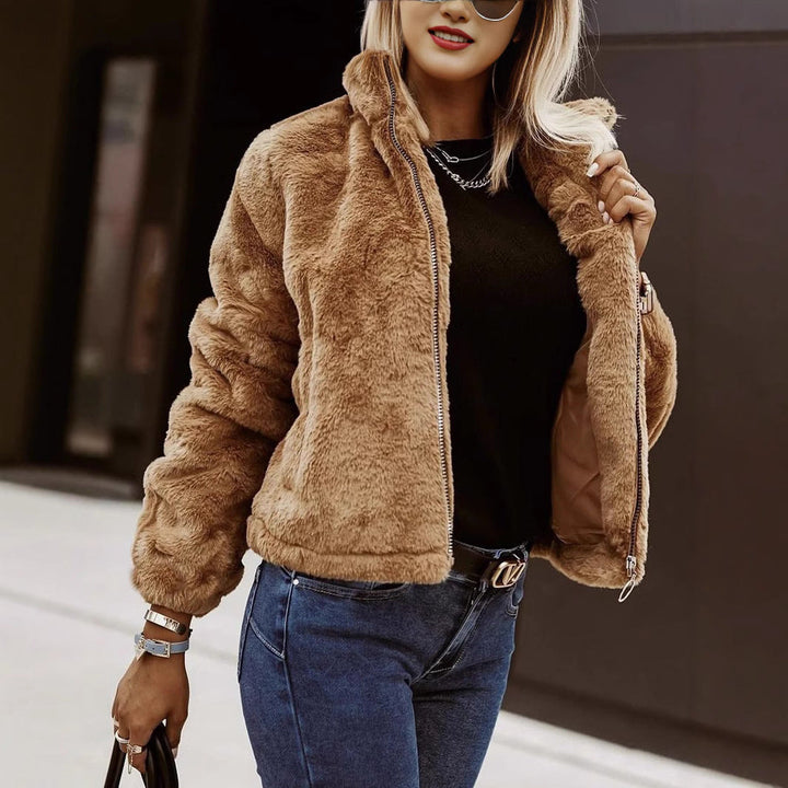 Drune | Weiche Damen Teddy Bomberjacke mit Reißverschluss