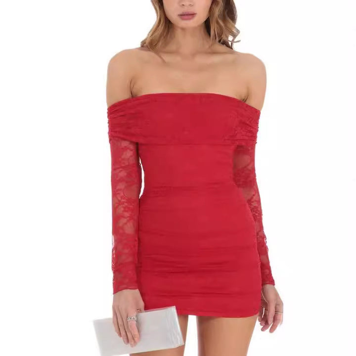 Damen Off-Shoulder Spitzenkleid im figurbetonten Schnitt Drune