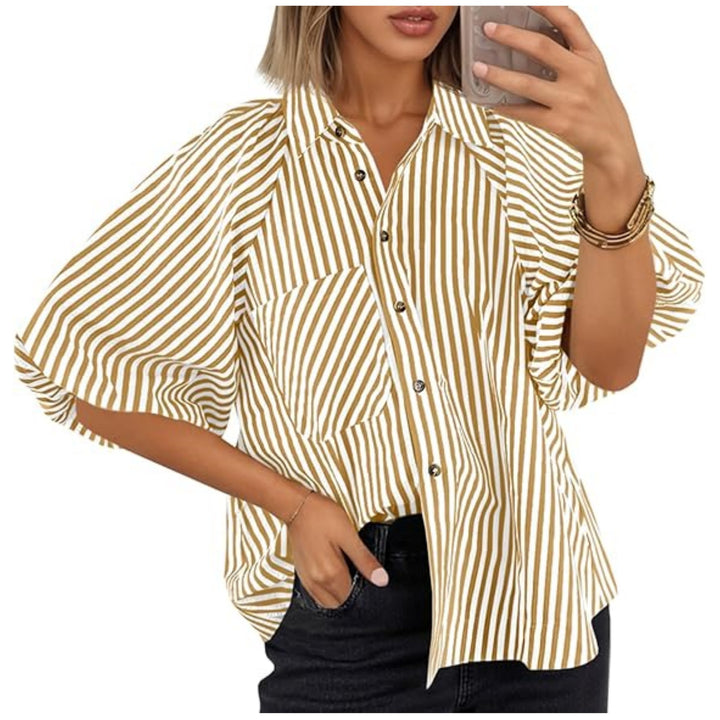Damen Oversize Hemdbluse mit Ballonärmeln und vertikalem Streifenmuster Drune