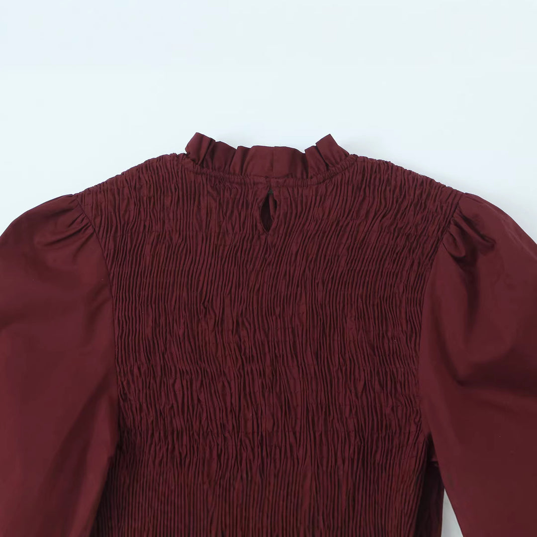 Damen Gesmokte Bluse mit Rüschenkragen und Volant-Peplum Drune