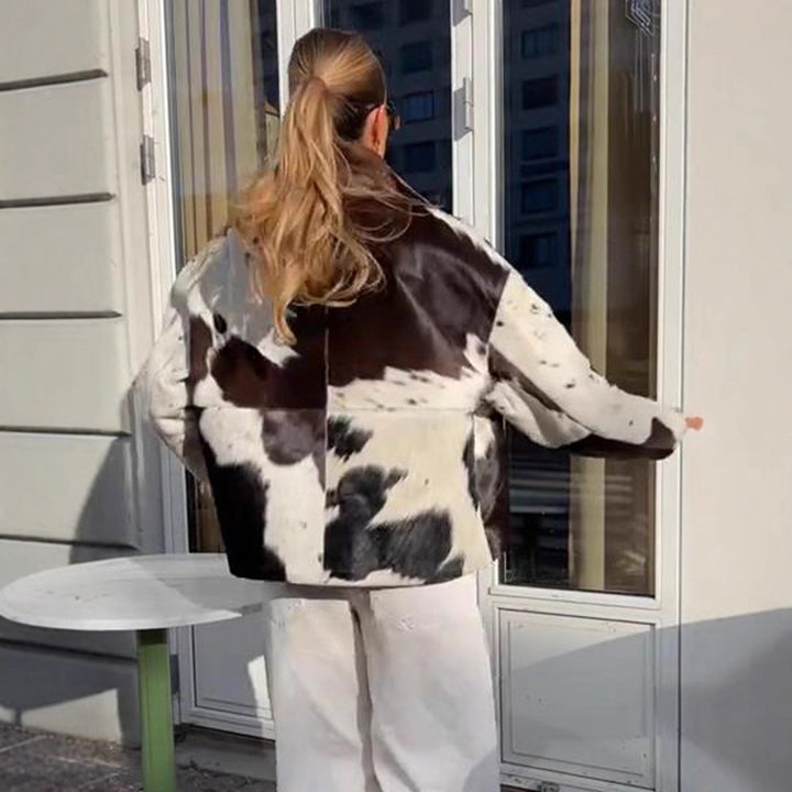 Damen Kurzjacke aus Haarigem Kunstfell mit Patchwork‑Optik und hohem Stehkragen Drune