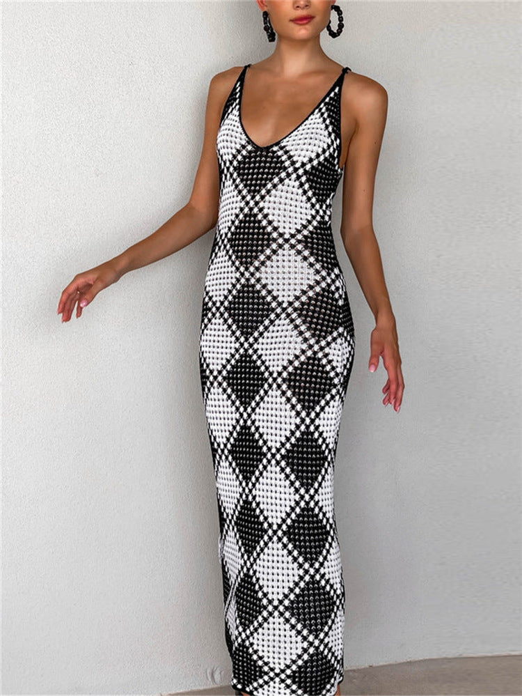 Damen-Maxikleid mit feinem Mesh-Strick und diamantförmigem Muster Drune