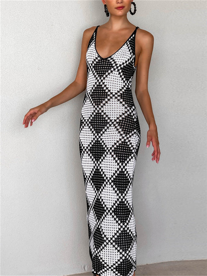Damen-Maxikleid mit feinem Mesh-Strick und diamantförmigem Muster Drune