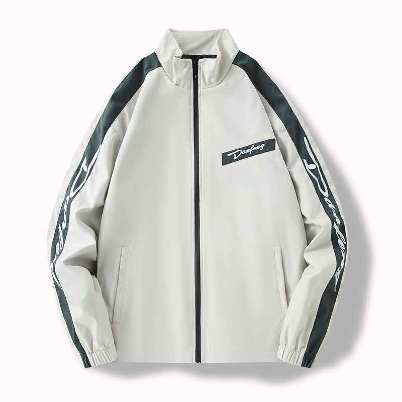 Herren Leichte Trackjacke im Retro‑Sportlook mit Stehkragen, durchgehendem Reißverschluss und Kontraststreifen Drune