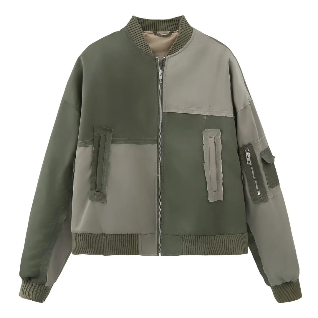 Damen nan urbaner Bomberjacke mit Kontrastpaneelen, Oversize-Silhouette, Front- und Ärmeltaschen Drune