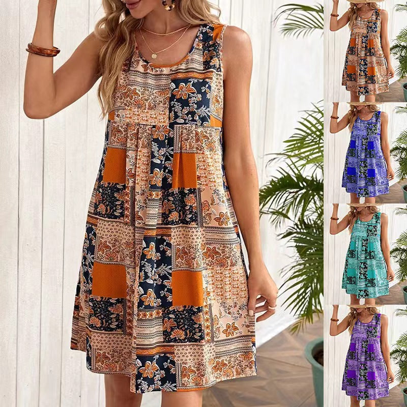 Damen Freizeitleinenkleid mit buntem Patchwork-Design Drune