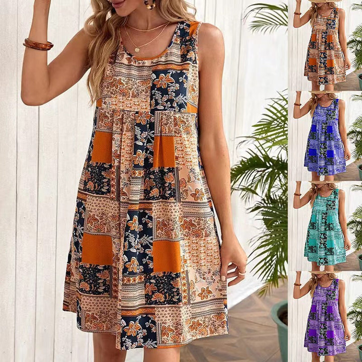 Damen Freizeitleinenkleid mit buntem Patchwork-Design Drune