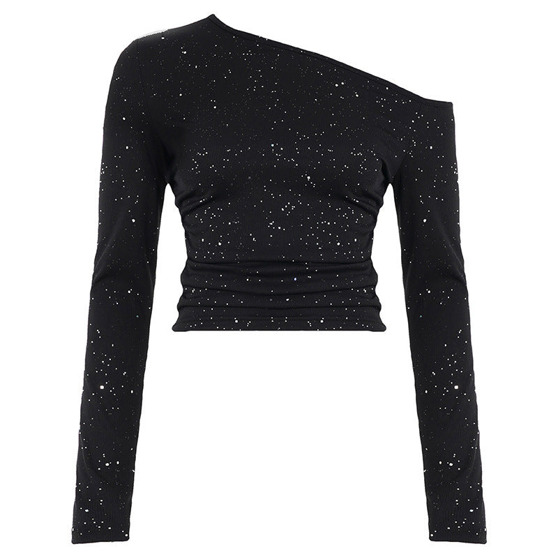 Damen Ein-Schulter Cropped-Top mit Rippstruktur und Glitzerbesatz Drune