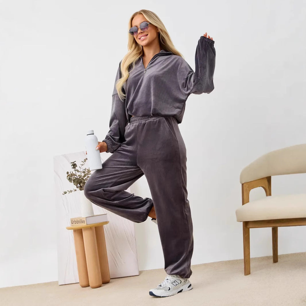 Damen samtiges zweiteiliges Lounge-Set mit Kapuzen-Halbzip und elastischer Bundhose Drune