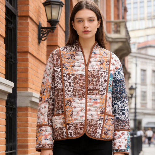 Damen Gesteppte Patchwork‑Steppjacke mit Stehkragen und Kontrastpaspel Drune