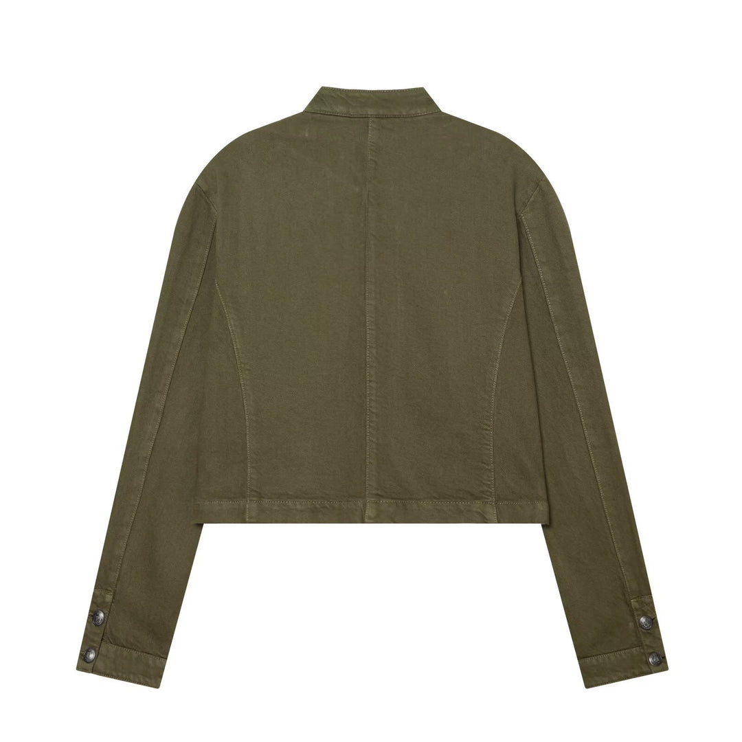 Damen Cropped Military‑Jacke mit Stehkragen, Zierknöpfen und Reißverschluss Drune