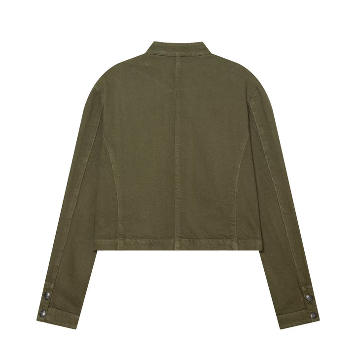Damen Cropped Military‑Jacke mit Stehkragen, Zierknöpfen und Reißverschluss Drune