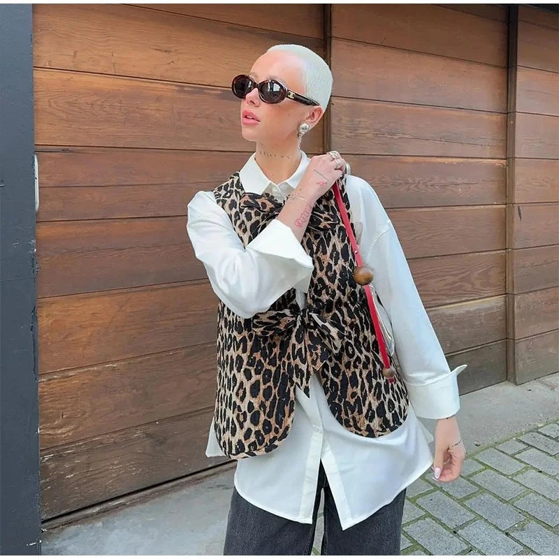 Damen Ärmellose Leoparden-Print-Weste mit Bindeschleifen und strukturierter Oberfläche Drune