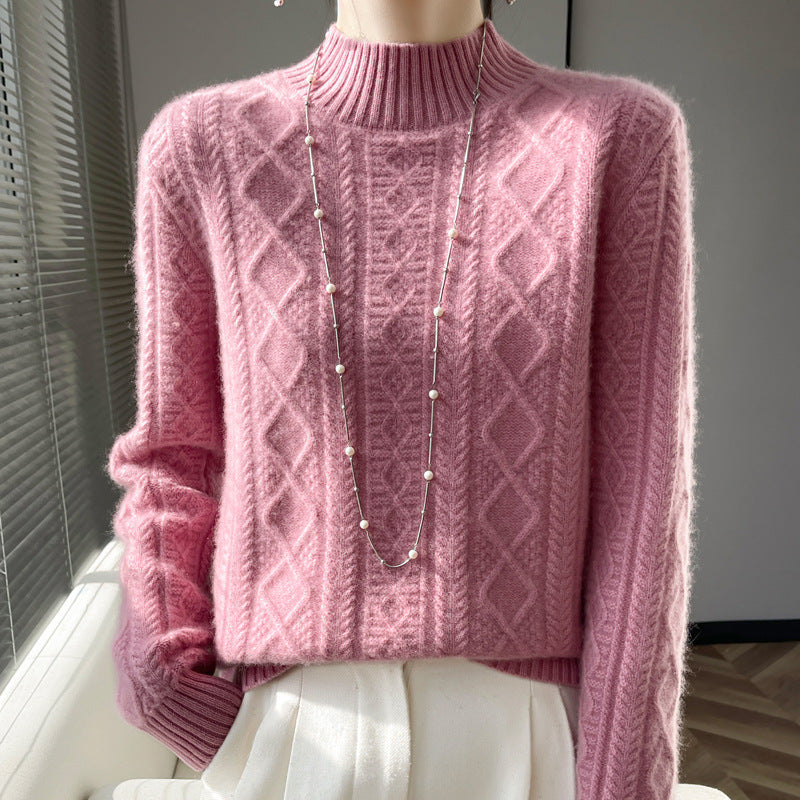 Damen Kuscheliger Mohair‑Optik Mockneckpullover mit Rautenzopfstruktur und kastiger Silhouette Drune