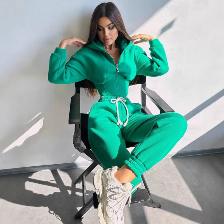 Damen Crop-Kapuzenjacke mit Korsagennaht und High-Waist Jogginghose Drune