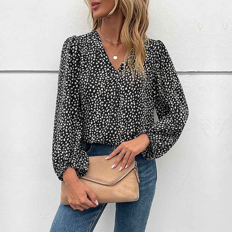 Damen Elegante V-Ausschnitt Bluse mit Puffärmeln Drune