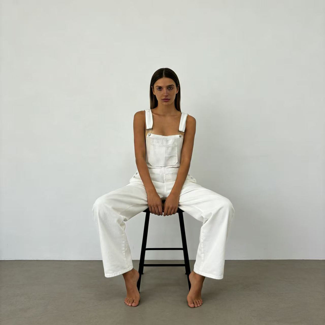 Damen nan weiche Denim-Latzhose mit weitem Bein, verstellbaren Trägern und Pattentasche Drune